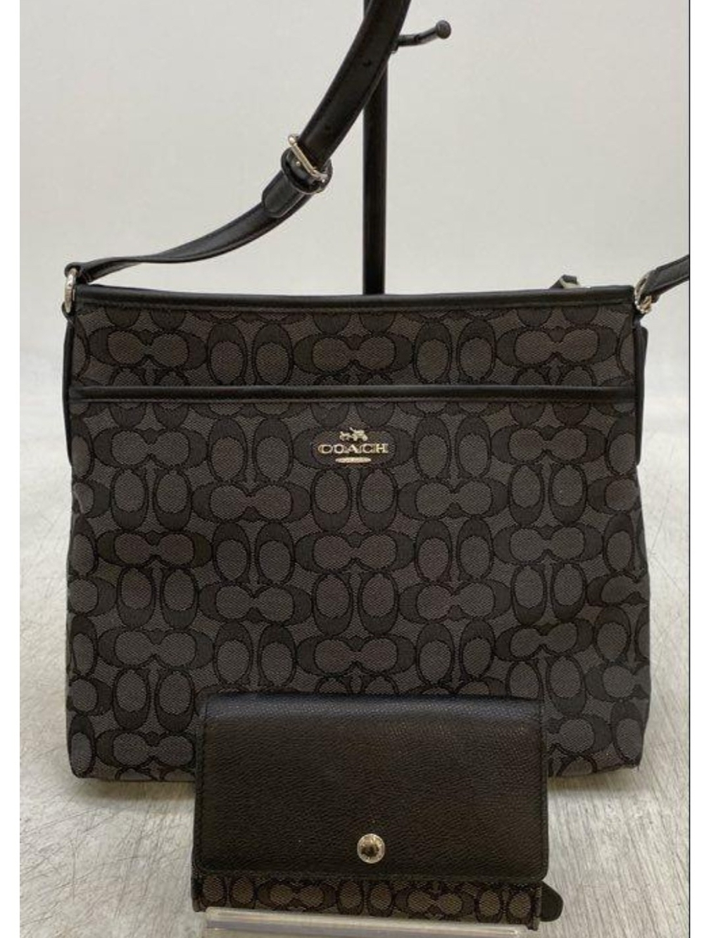 Coach Black/Gray Signature Canvas Shoulder Bag with Matching Wallet